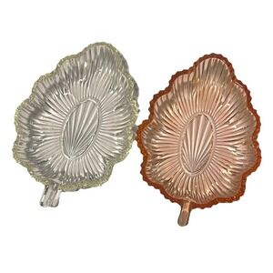 Vintage Federal Glass Leaf Candy Dish Set Pink Clear Depression Trinket Bowl